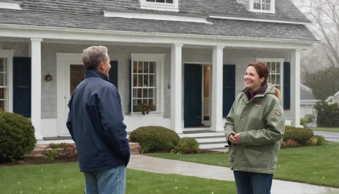 A homeowner talking calmly with a local pest control provider at the front door of a Haverhill home