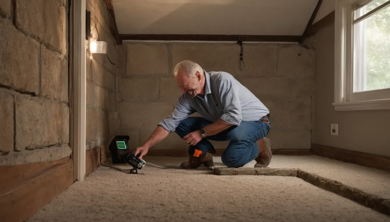 Friendly provider inspecting a stone and block basement foundation for termites in a Haverhill home